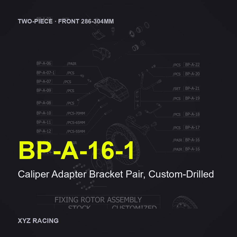 Caliper Adapter Bracket Pair, Custom-Drilled (BP-A-16-1) — Two-Piece Front 286-304mm