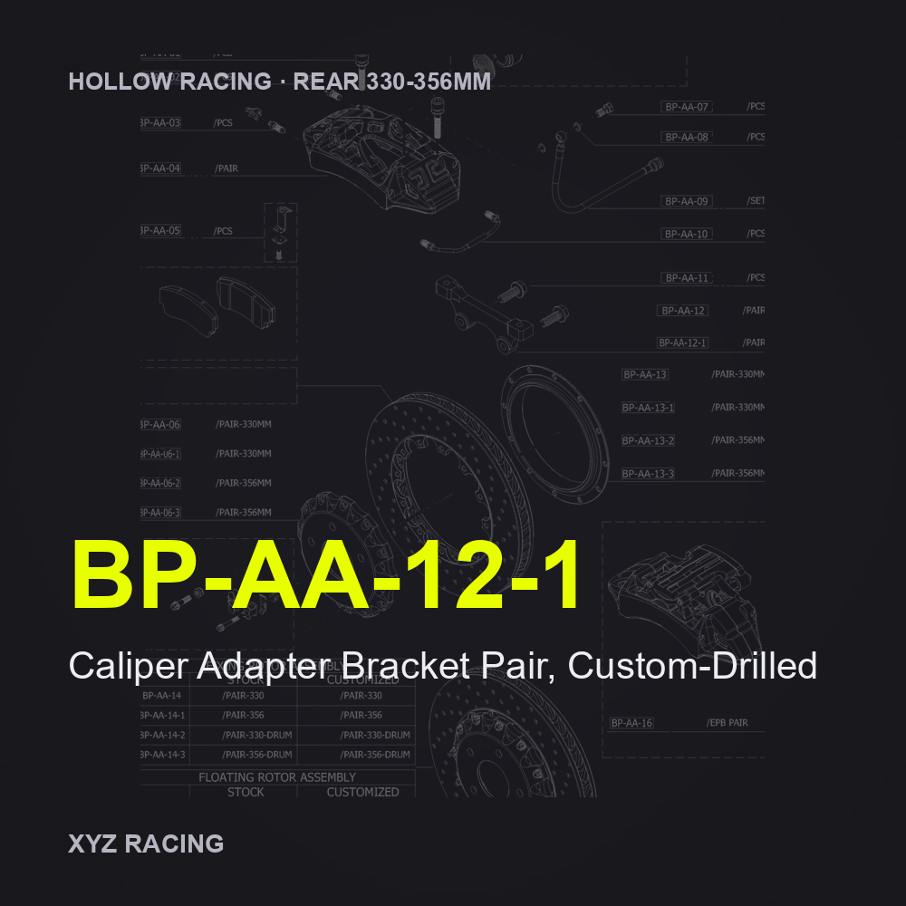 Caliper Adapter Bracket Pair, Custom-Drilled (BP-AA-12-1) — Hollow Racing Rear 330-356mm