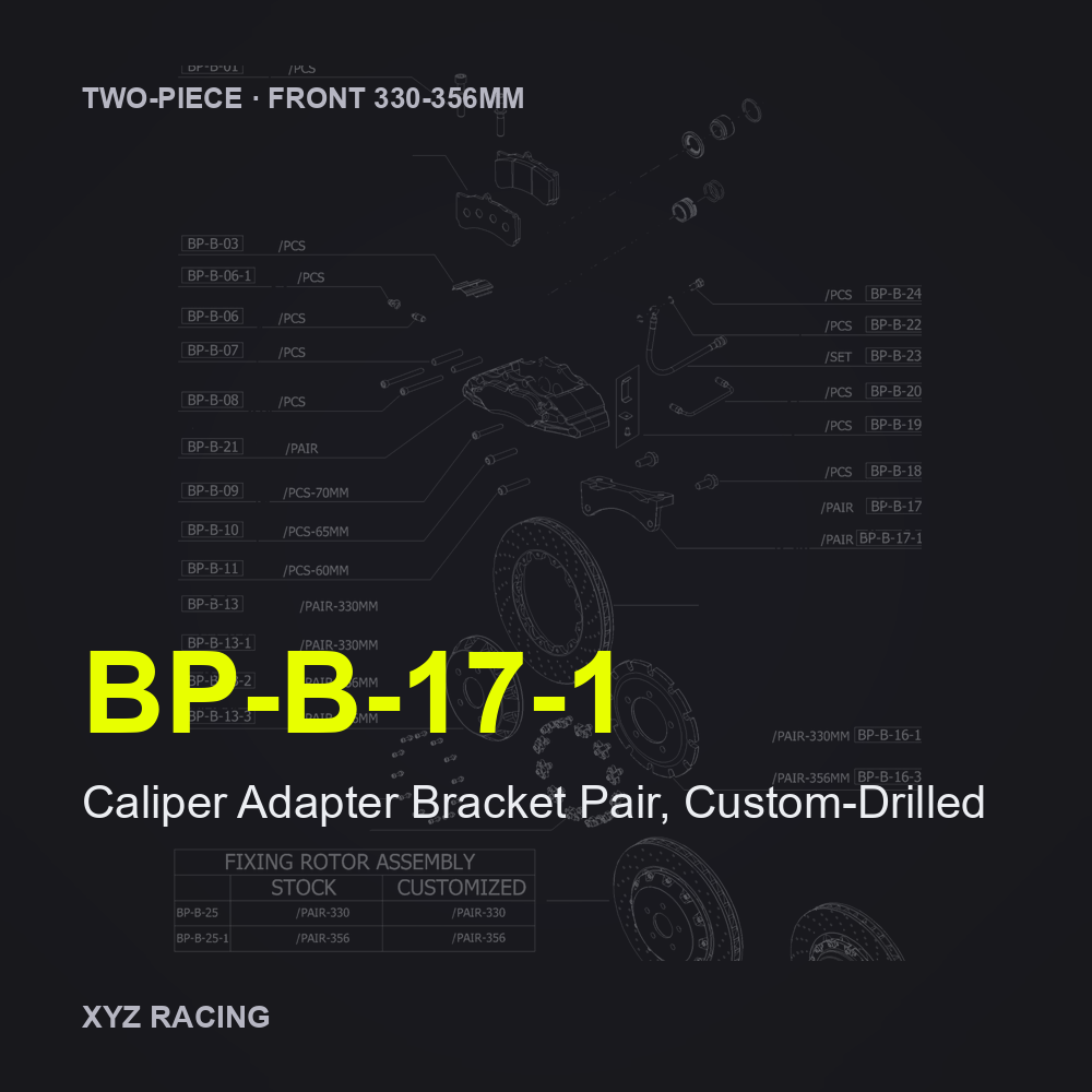 Caliper Adapter Bracket Pair, Custom-Drilled (BP-B-17-1) — Two-Piece Front 330-356mm