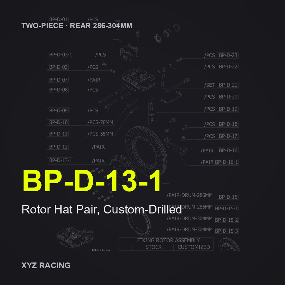 Rotor Hat Pair, Custom-Drilled (BP-D-13-1) — Two-Piece Rear 286-304mm