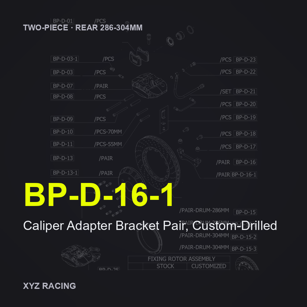 Caliper Adapter Bracket Pair, Custom-Drilled (BP-D-16-1) — Two-Piece Rear 286-304mm