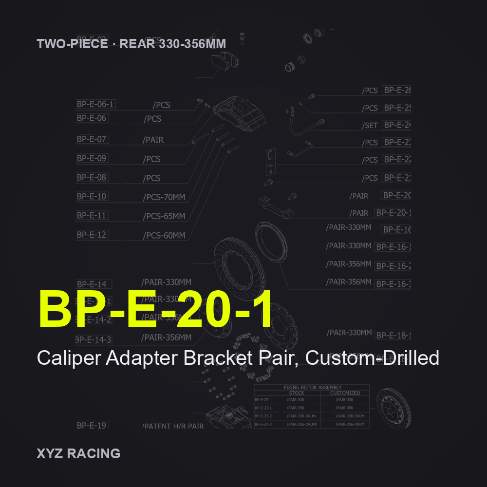 Caliper Adapter Bracket Pair, Custom-Drilled (BP-E-20-1) — Two-Piece Rear 330-356mm