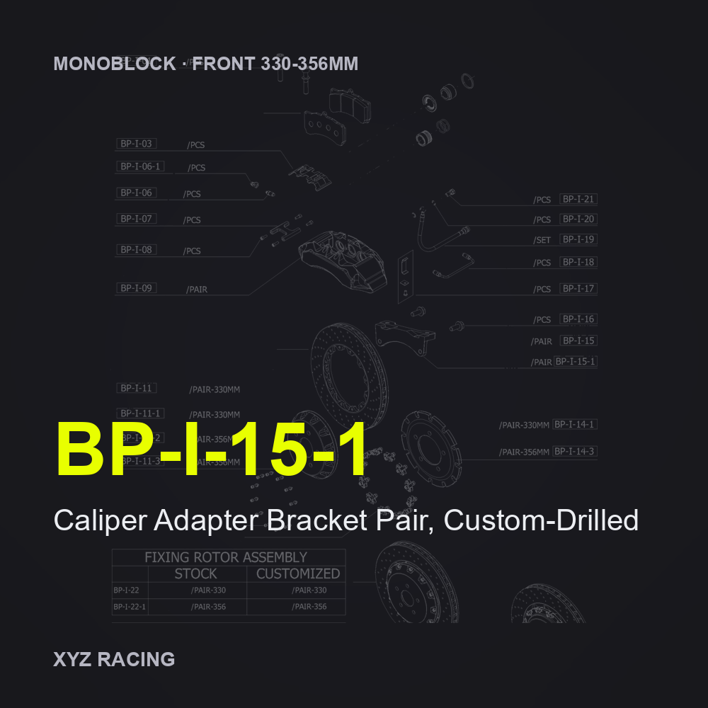Caliper Adapter Bracket Pair, Custom-Drilled (BP-I-15-1) — Monoblock Front 330-356mm