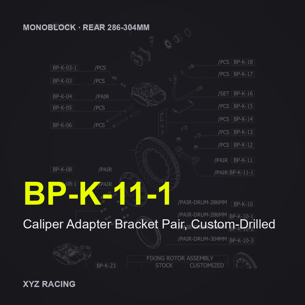 Caliper Adapter Bracket Pair, Custom-Drilled (BP-K-11-1) — Monoblock Rear 286-304mm