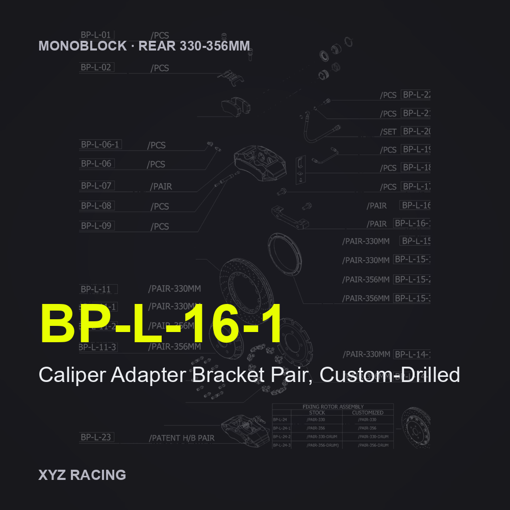 Caliper Adapter Bracket Pair, Custom-Drilled (BP-L-16-1) — Monoblock Rear 330-356mm