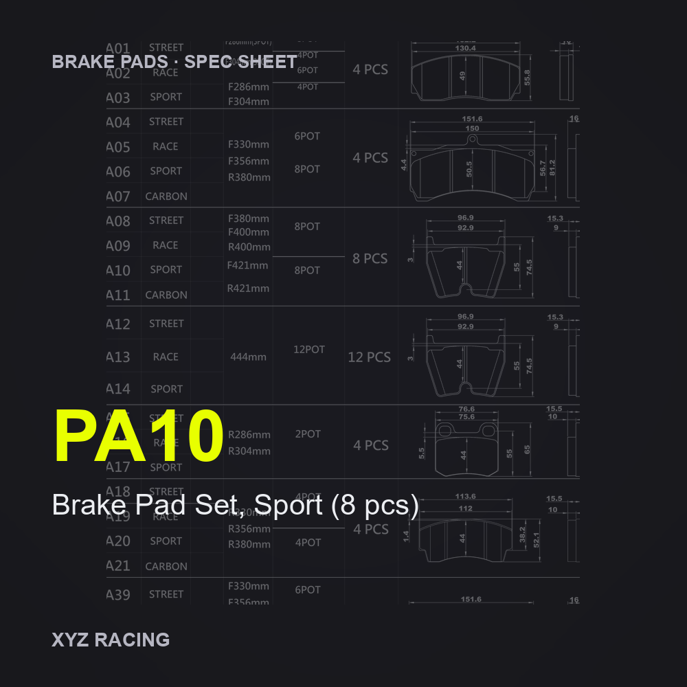 Brake Pad Set, Sport (8 pcs) (PA10) — Brake Pads F380/F400/R400/F421/R421