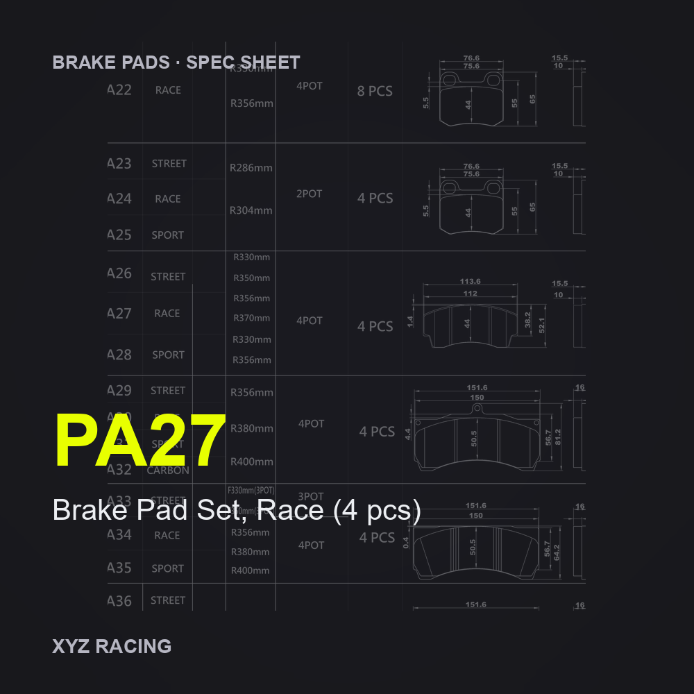 Brake Pad Set, Race (4 pcs) (PA27) — Brake Pads R330/R350/R356/R370 EPB; R330/R356 patent handbrake