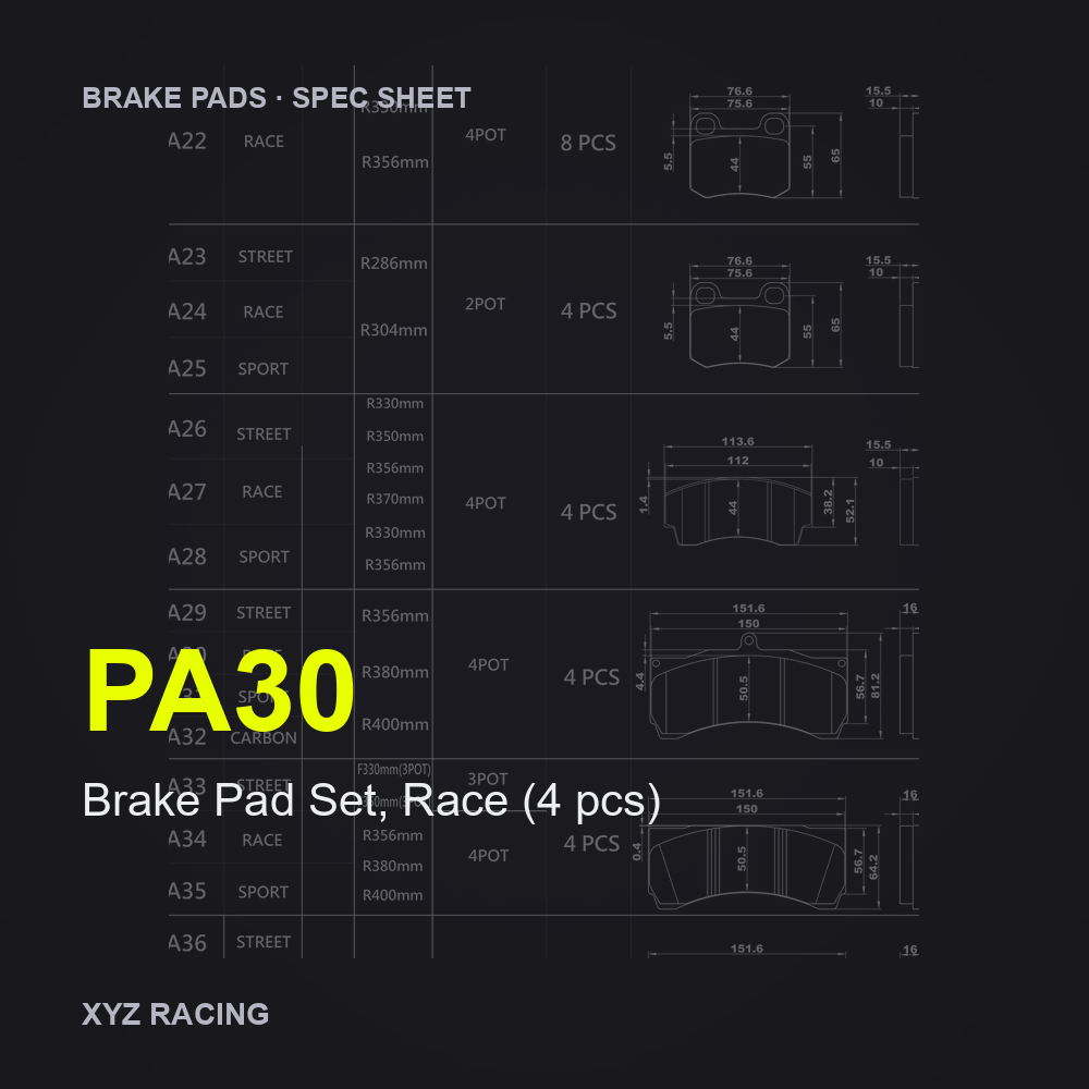 Brake Pad Set, Race (4 pcs) (PA30) — Brake Pads R356/R380/R400 EPB
