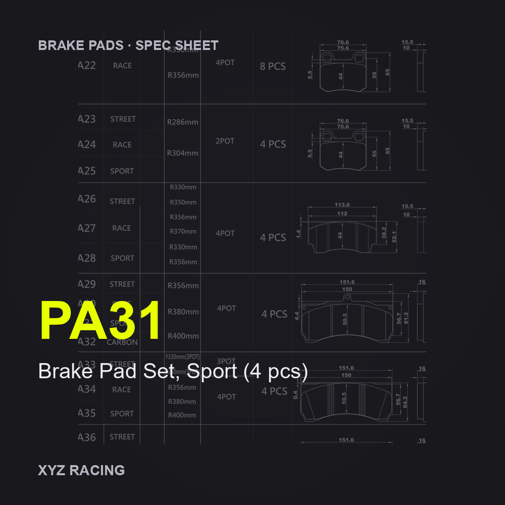 Brake Pad Set, Sport (4 pcs) (PA31) — Brake Pads R356/R380/R400 EPB