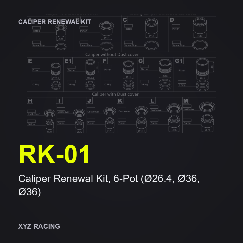 Caliper Renewal Kit, 6-Pot (Ø26.4, Ø36, Ø36) (RK-01) — Front 286-304mm two-piece / monoblock