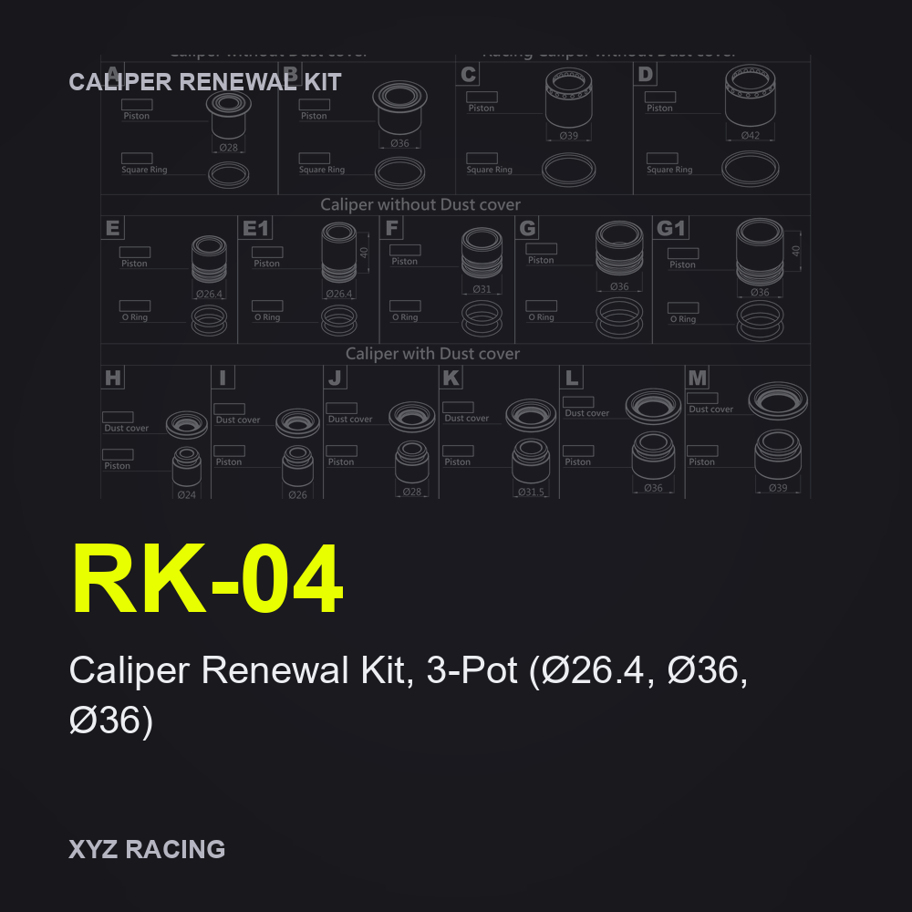Caliper Renewal Kit, 3-Pot (Ø26.4, Ø36, Ø36) (RK-04) — Front 330-350mm single-side floating caliper