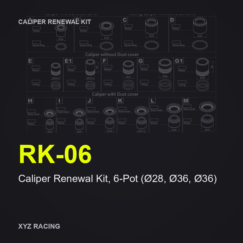 Caliper Renewal Kit, 6-Pot (Ø28, Ø36, Ø36) (RK-06) — Front 330-356mm two-piece / monoblock / Hollow