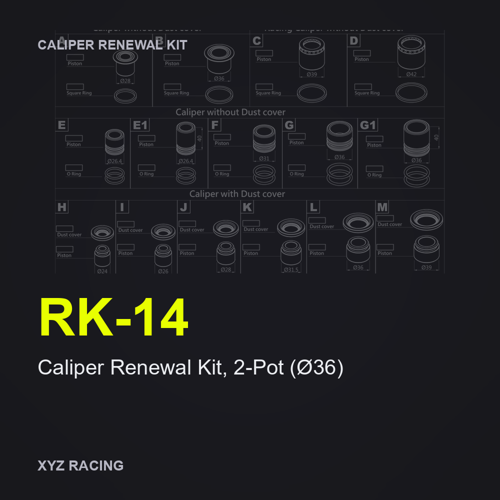 Caliper Renewal Kit, 2-Pot (Ø36) (RK-14) — Rear 286-304mm patent handbrake caliper