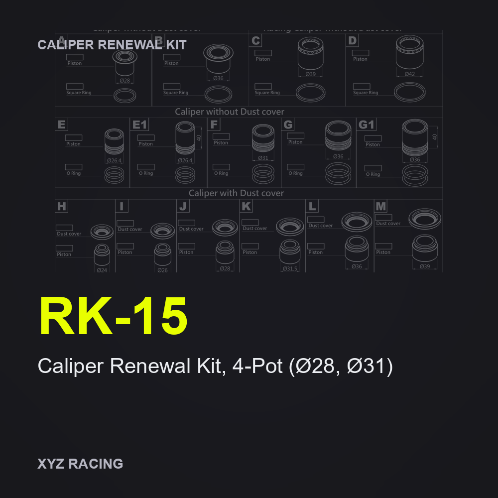 Caliper Renewal Kit, 4-Pot (Ø28, Ø31) (RK-15) — Rear 330-356mm patent handbrake caliper