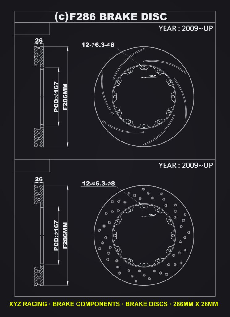 Slotted brake disc rotor pair, F286 x 26 mm