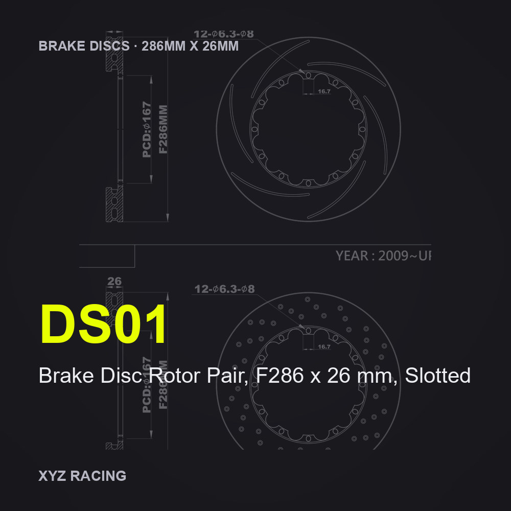 Brake Disc Rotor Pair, F286 x 26 mm, Slotted (DS01) — Brake Discs F286