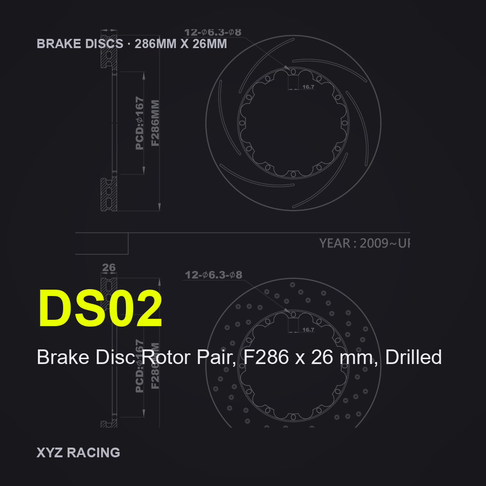 Brake Disc Rotor Pair, F286 x 26 mm, Drilled (DS02) — Brake Discs F286