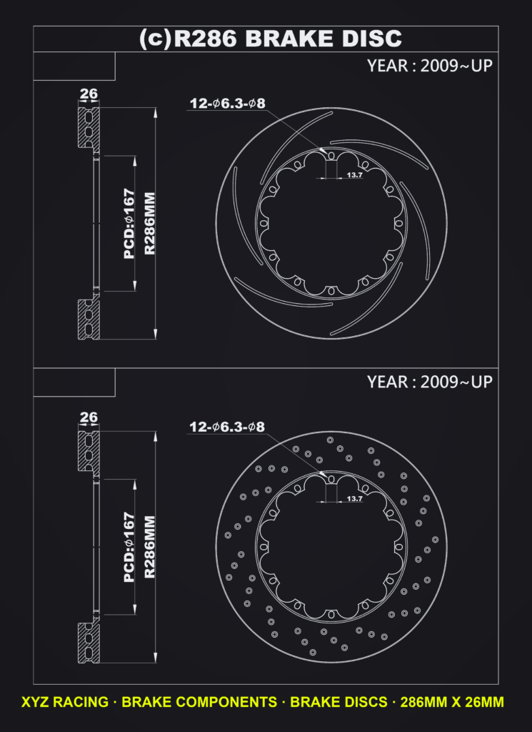 Slotted brake disc rotors R286 x 26 mm DS03