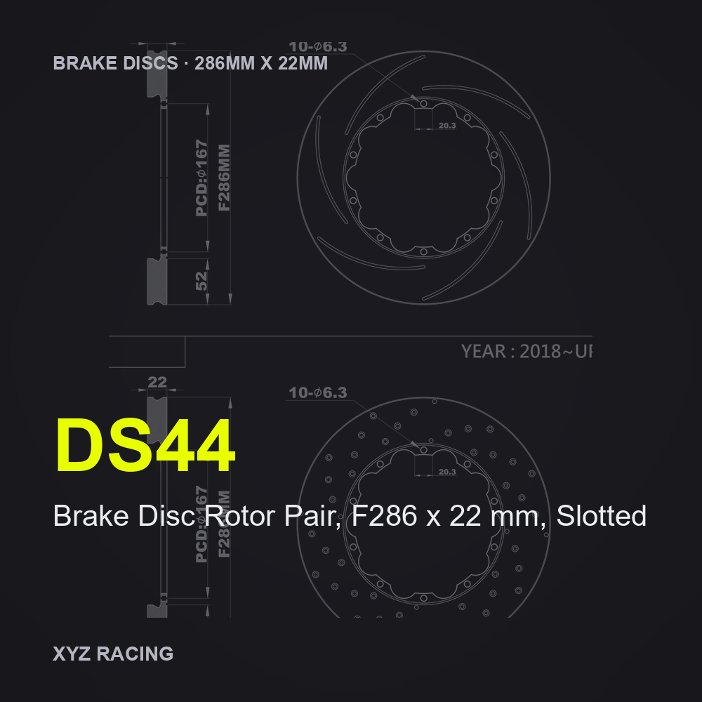 Brake Disc Rotor Pair, F286 x 22 mm, Slotted (DS44) — Brake Discs F286