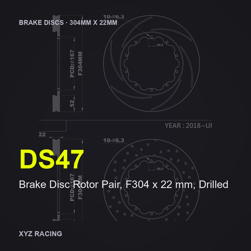 Brake Disc Rotor Pair, F304 x 22 mm, Drilled (DS47) — Brake Discs F304