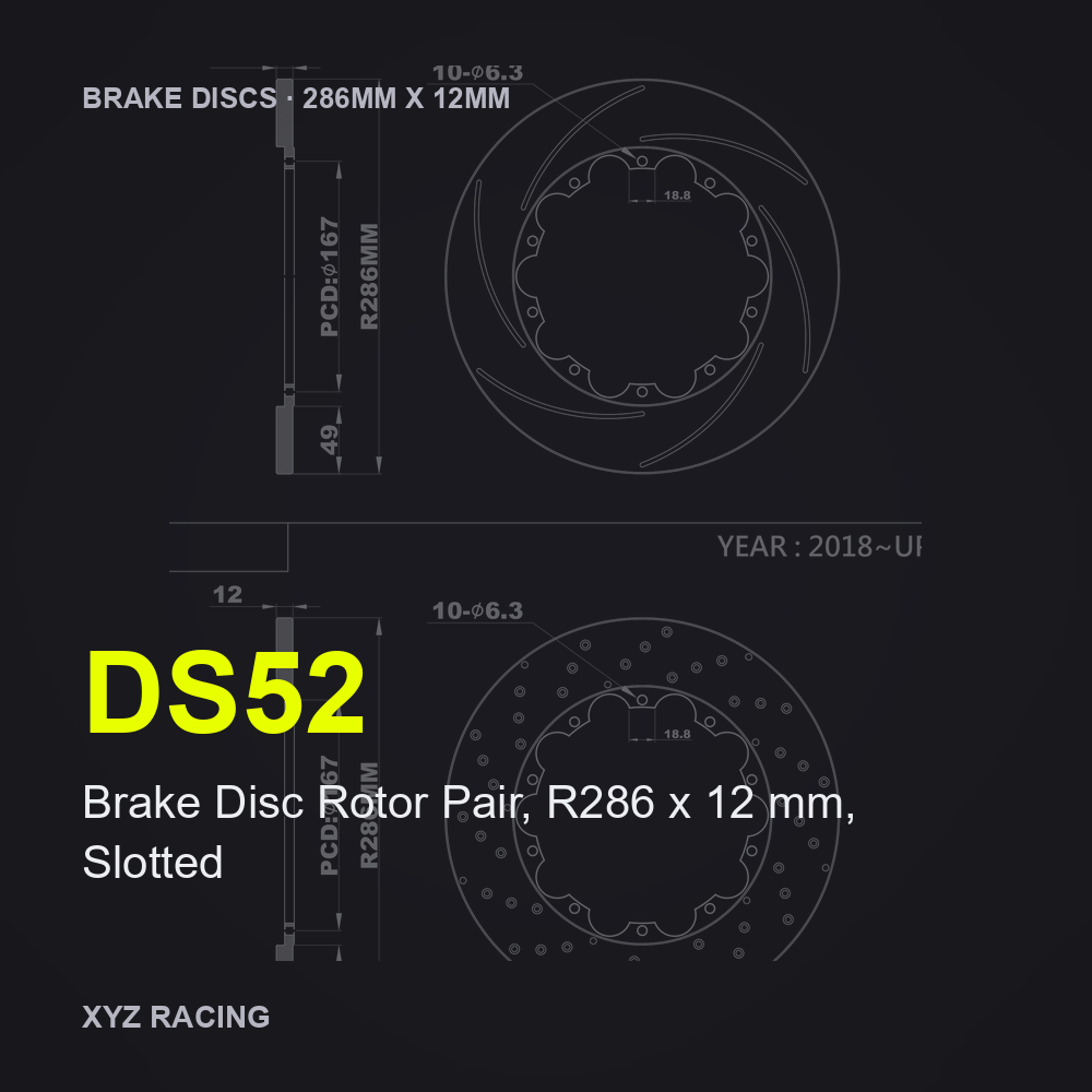 Brake Disc Rotor Pair, R286 x 12 mm, Slotted (DS52) — Brake Discs R286