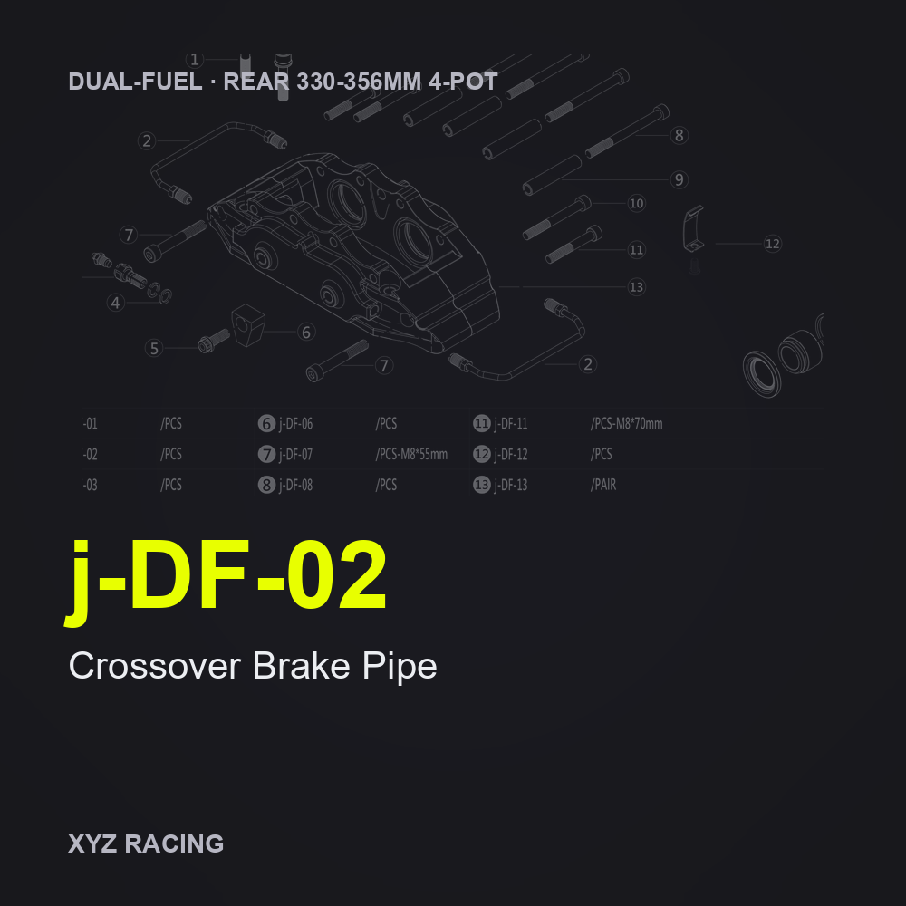 Crossover Brake Pipe (j-DF-02) — Rear 330-356 4-Pot Dual-Fuel Caliper