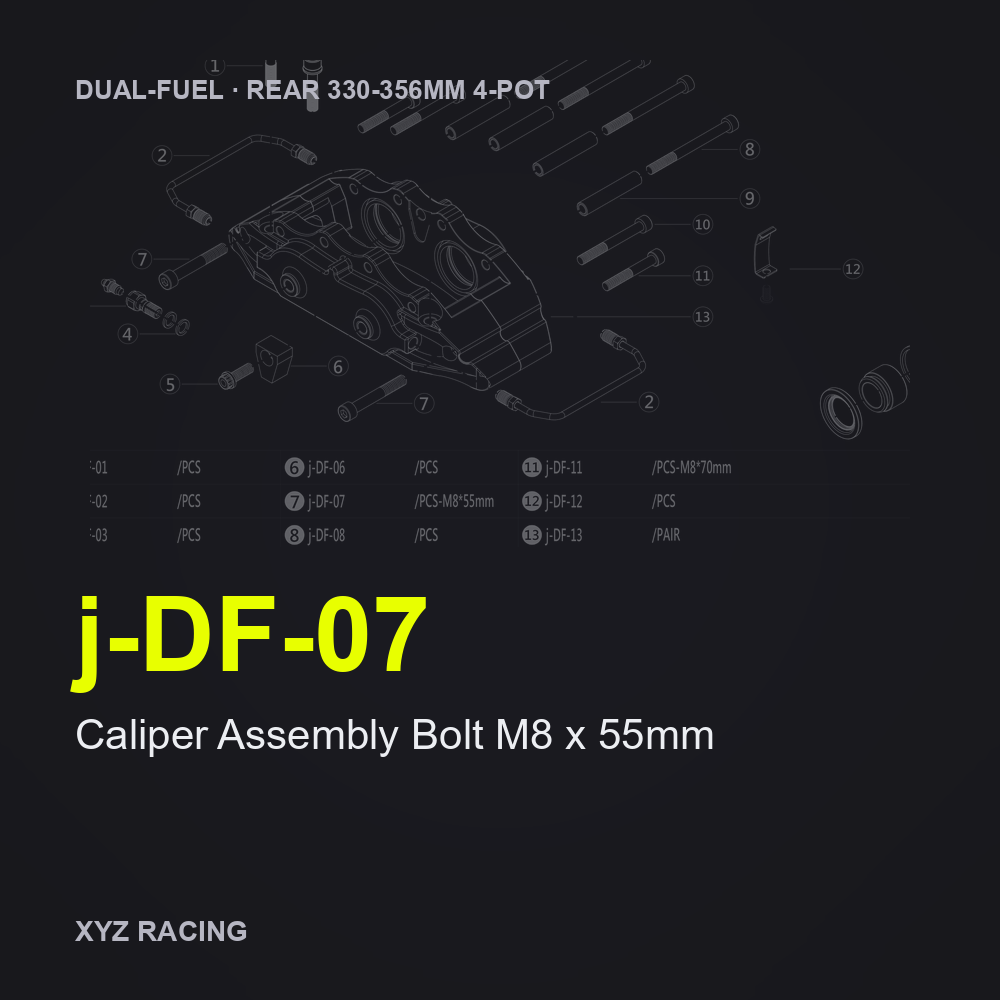 Caliper Assembly Bolt M8 x 55mm (j-DF-07) — Rear 330-356 4-Pot Dual-Fuel Caliper