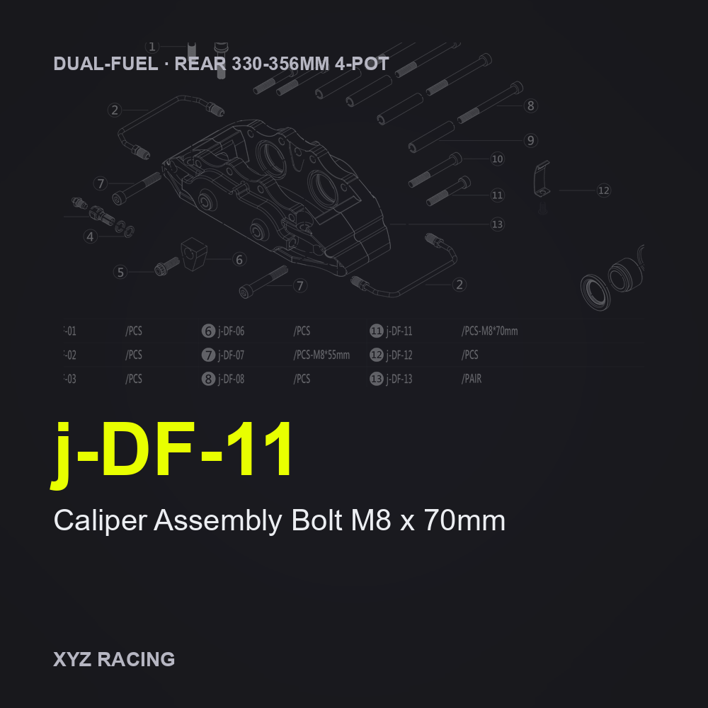 Caliper Assembly Bolt M8 x 70mm (j-DF-11) — Rear 330-356 4-Pot Dual-Fuel Caliper
