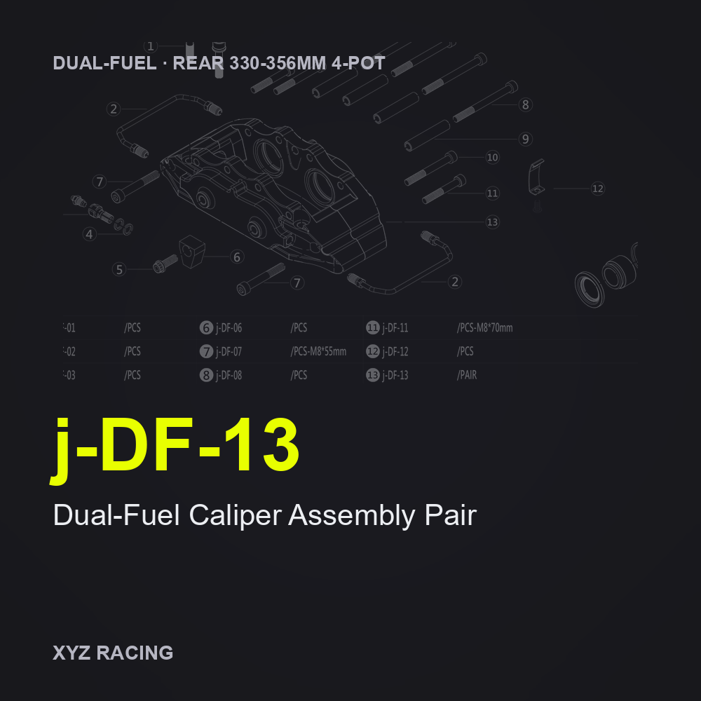 Dual-Fuel Caliper Assembly Pair (j-DF-13) — Rear 330-356 4-Pot Dual-Fuel Caliper